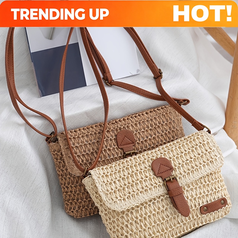 Woven Straw Bag - Vintage Vacation-style Woven Straw Women's Crossbody